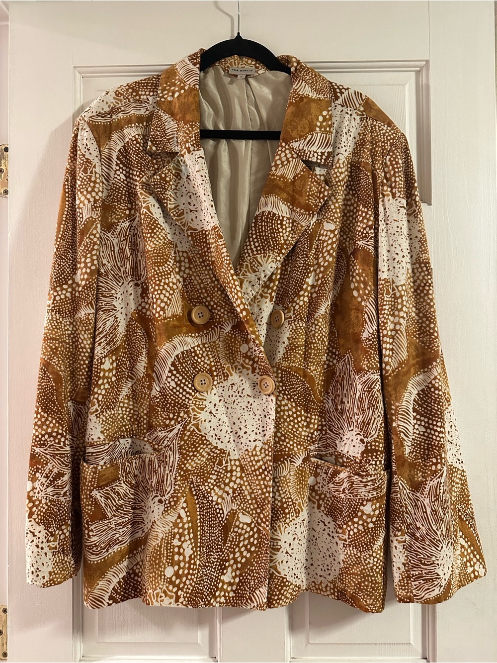 Anthropologie The Odells Linen Silk Lined Double Breasted Print Blazer Size XL